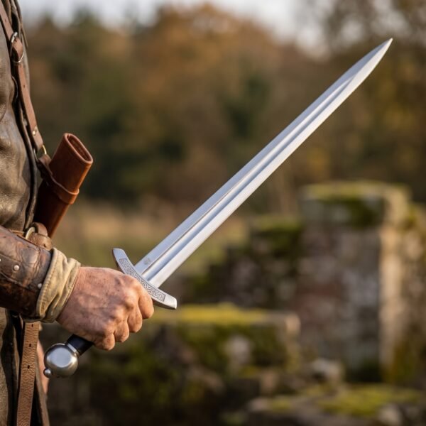 Hand holding a steel Norse blade with knotwork engraved arched guard, black grip and round pommel near old ruins