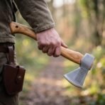 Hand holding a Viking hand axe with knotwork etched head and hickory handle, brown leather mask worn on the belt