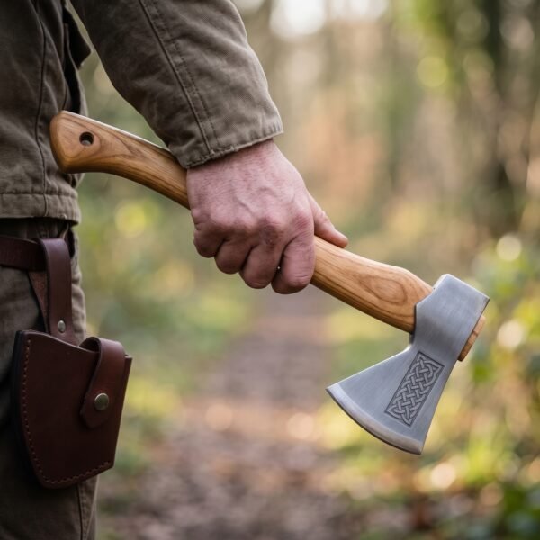 Hand holding a Viking hand axe with knotwork etched head and hickory handle, brown leather mask worn on the belt