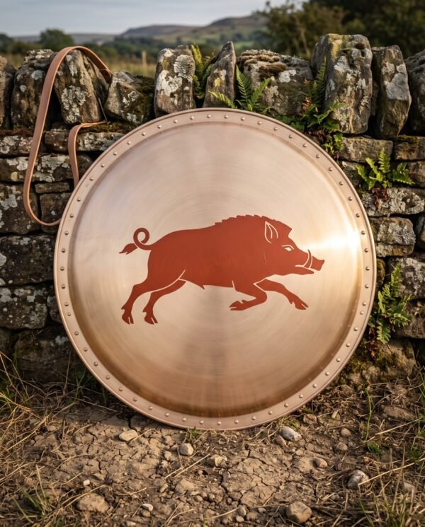 Hand made bronze faced hoplon shield, a Greek aspis about 30 inches across with a riveted rim, painted running boar device and leather carry strap against a dry stone wall
