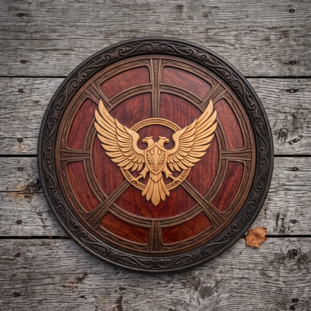 Hand made carved hardwood double headed eagle shield in deep red brown with a pale gold twin headed eagle carving, blackened steel rim and knotwork band on weathered planks