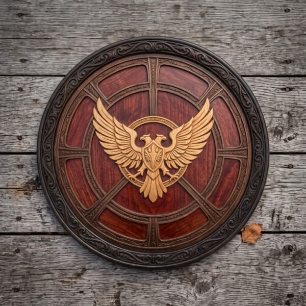 Twinhawk Hand Made Carved Hardwood Round Shield with Double Headed Eagle | 24 Inch Diameter | Blackened Steel Rim and Knotwork Band | Heraldry Display Gift | RK-1986