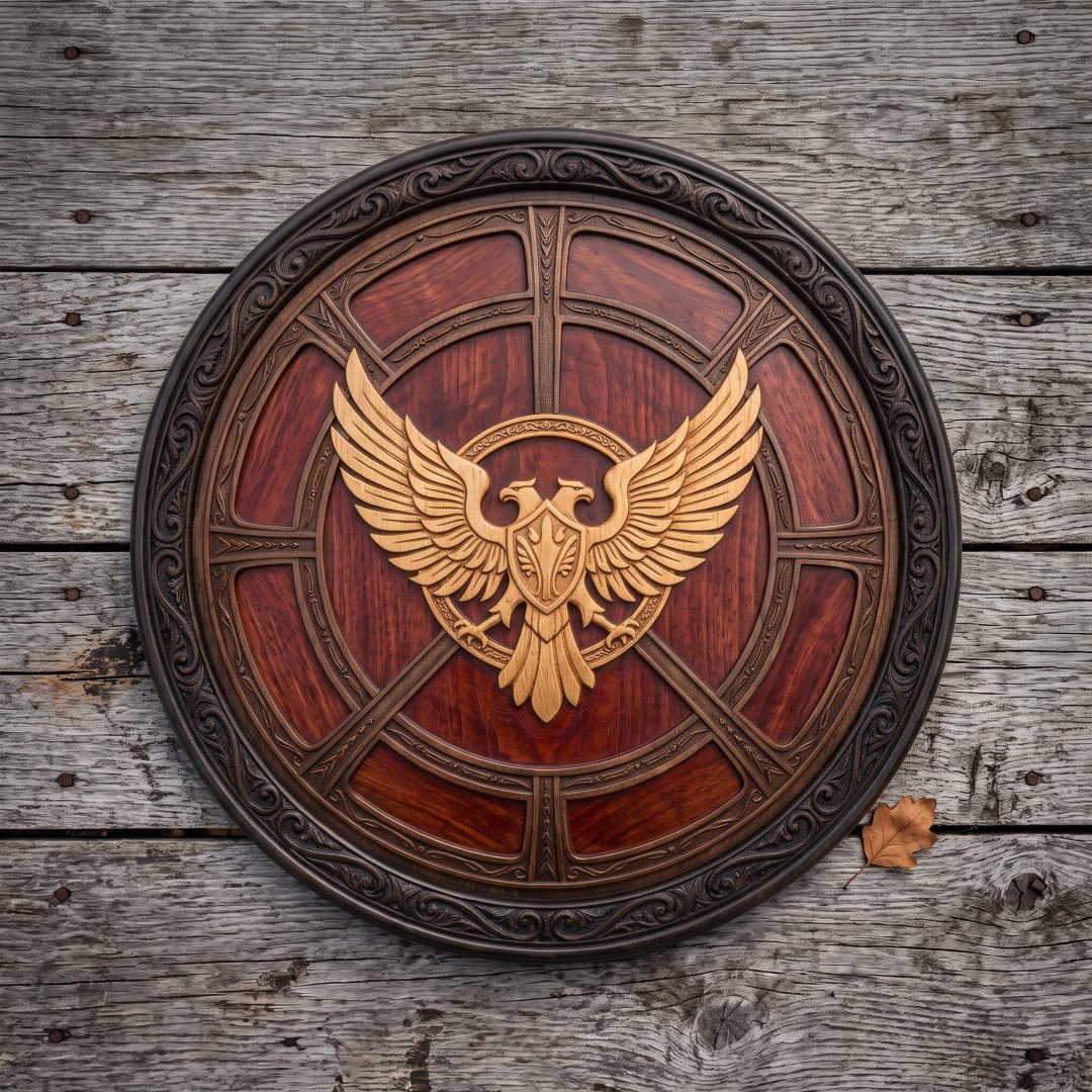 Hand made carved hardwood double headed eagle shield in deep red brown with a pale gold twin eagle boss, blackened steel Hand made carved hardwood double headed eagle shield in deep red brown with a pale gold twin headed eagle carving, blackened steel rim and knotwork band on weathered planks