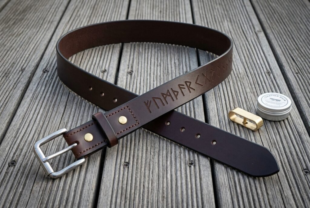 Hand made dark brown full grain leather rune belt stamped with an Elder Futhark line, brushed steel buckle and brass rivets, coiled on weathered grey decking