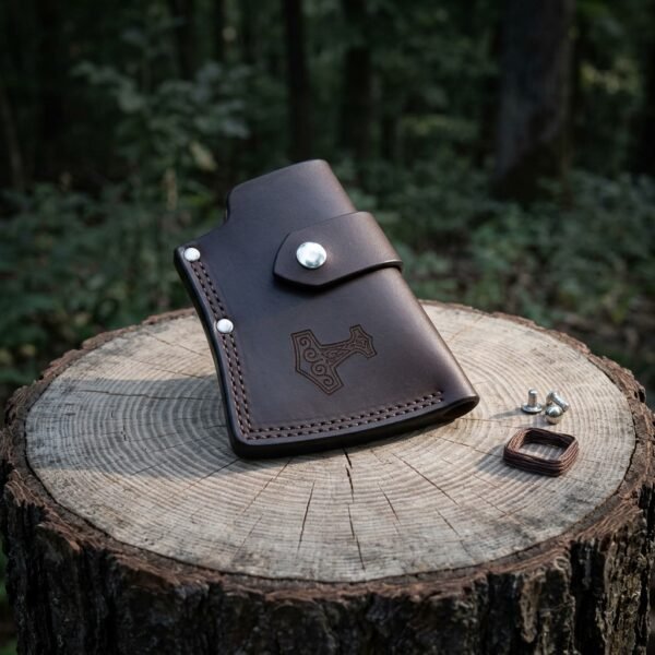 Hand made dark brown leather axe sheath with a tooled Mjolnir panel and a steel snap strap, standing on a cut tree stump beside spare studs and a buckle.
