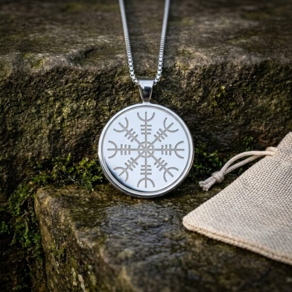 Hand made helm of awe pendant with the eight armed Aegishjalmur stave engraved on a polished silver tone disc, on a box chain beside a linen pouch on mossy stone