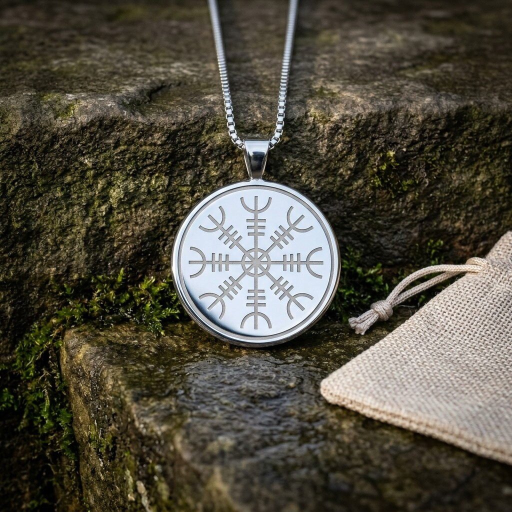 Hand made helm of awe pendant with the eight armed Aegishjalmur stave engraved on a polished silver tone disc, on a box chain beside a linen pouch on mossy stone
