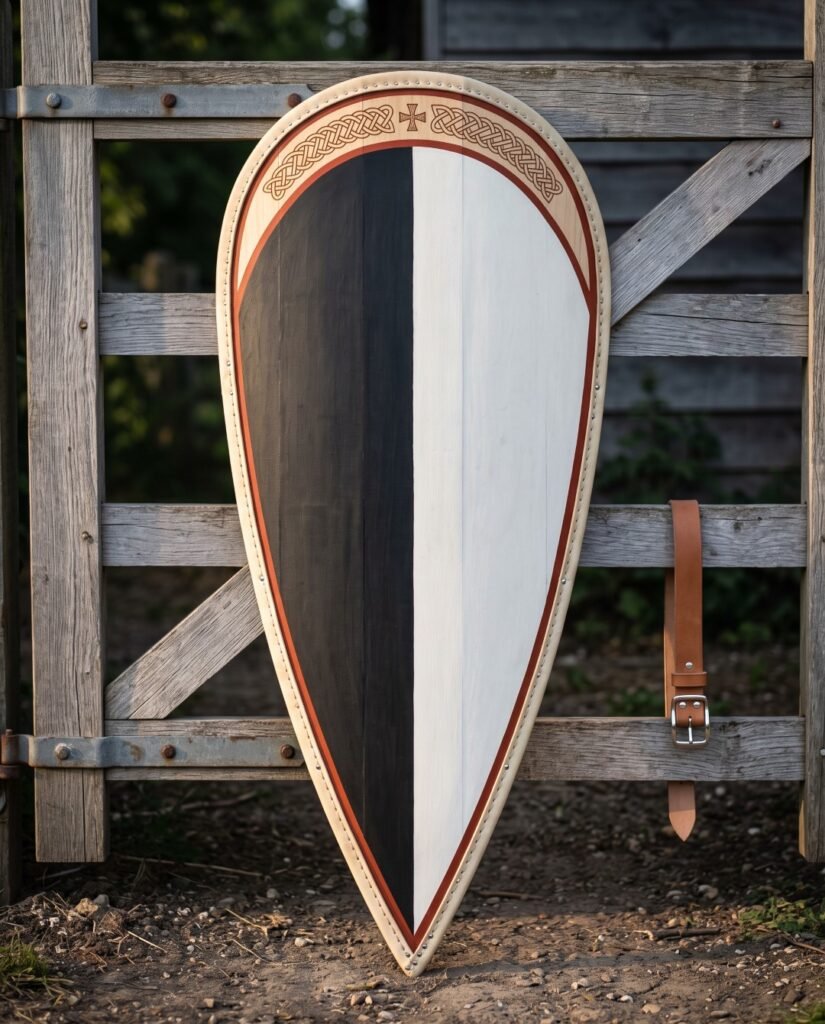 Hand made kite shield with a black and white painted face, rust red trim, riveted rawhide rim and an engraved knotwork panel, leaning against a weathered timber gate.