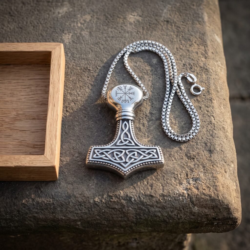 Hand made mjolnir pendant in polished silver finish steel with deep cut Celtic knotwork and a Vegvisir crown, lying on weathered stone beside its heavy box chain