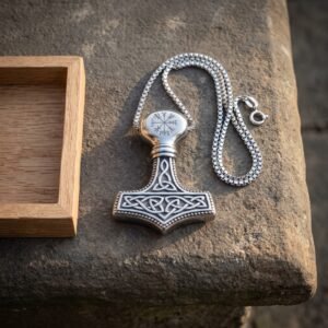 Hand made mjolnir pendant in polished silver finish steel with deep cut Celtic knotwork and a Vegvisir crown, lying on weathered stone beside its heavy box chain