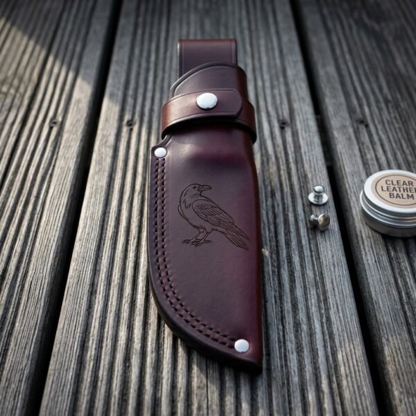 Hand made oxblood leather knife sheath with a tooled raven panel and steel snap retention strap, lying on weathered grey decking beside spare studs and a tin of leather balm.
