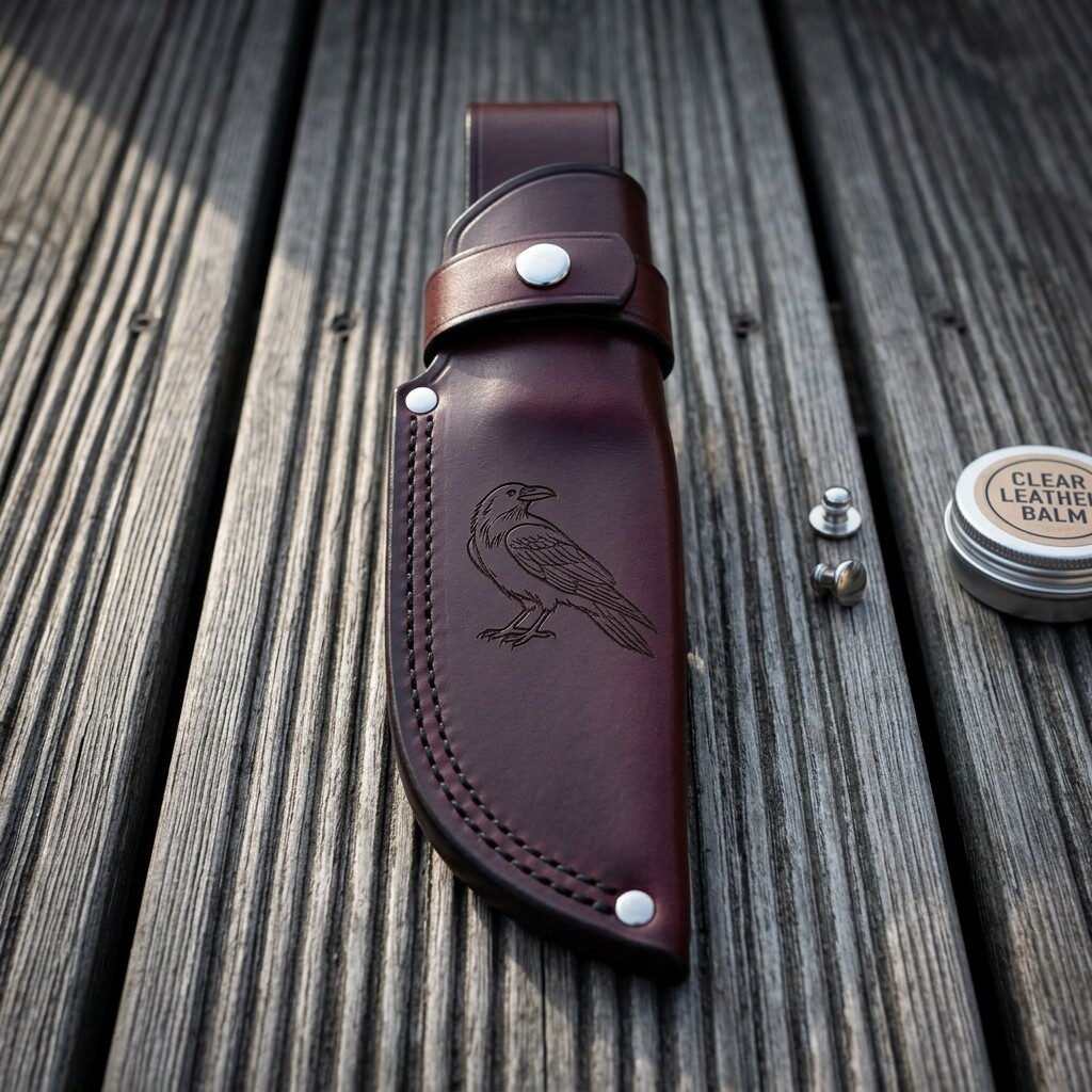 Hand made oxblood leather knife sheath with a tooled raven panel and steel snap retention strap, lying on weathered grey Hand made oxblood leather knife sheath with a tooled raven panel and steel snap retention strap, lying on weathered grey decking beside spare studs and a tin of leather balm.