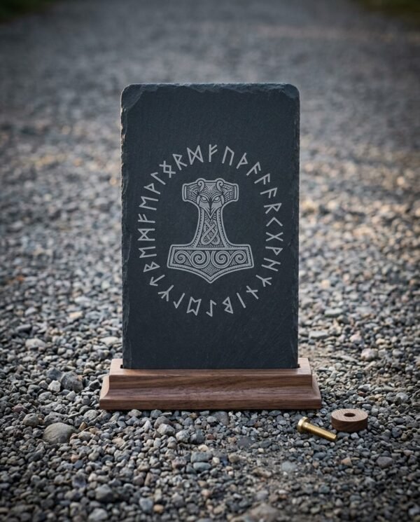 Hand made runic slate plaque engraved with a knotwork Mjolnir inside a full Elder Futhark rune ring, standing in a solid walnut base on grey pebbles.