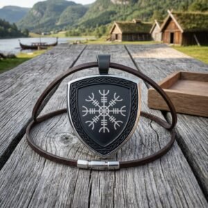 Hand made steel helm of awe pendant with a blackened shield face, eight armed Aegishjalmur stave and knotwork border, on a brown leather cord on a weathered jetty