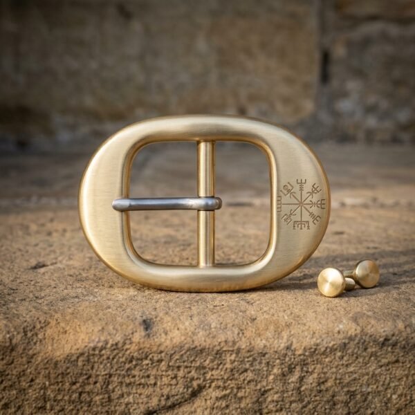 Hand made viking belt buckle in brushed solid brass with an engraved Vegvisir stave and a steel tongue, sitting on a sunlit sandstone ledge beside two brass screw studs