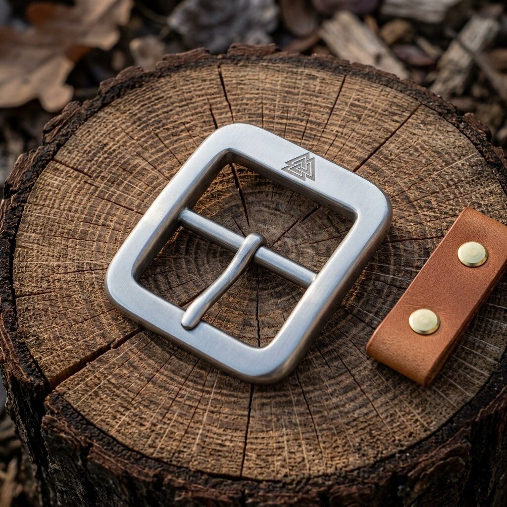 Hand made viking belt buckle in brushed steel with a stamped Valknut and centre bar tongue, on a cut tree stump beside a tan leather snap tab