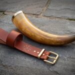 Hornmead Hand Made Viking Drinking Horn with Polished Brass Rim | Roughly 14 to 16 Inches Along the Curve | Vegvisir Stamped Leather Belt Hanger | Norse Mead Gift | RK-1711