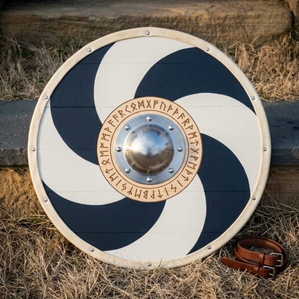 Hand made Viking round shield with a navy and white pinwheel face, riveted rawhide rim, domed steel boss and an engraved Elder Futhark rune ring, leaning on stone.