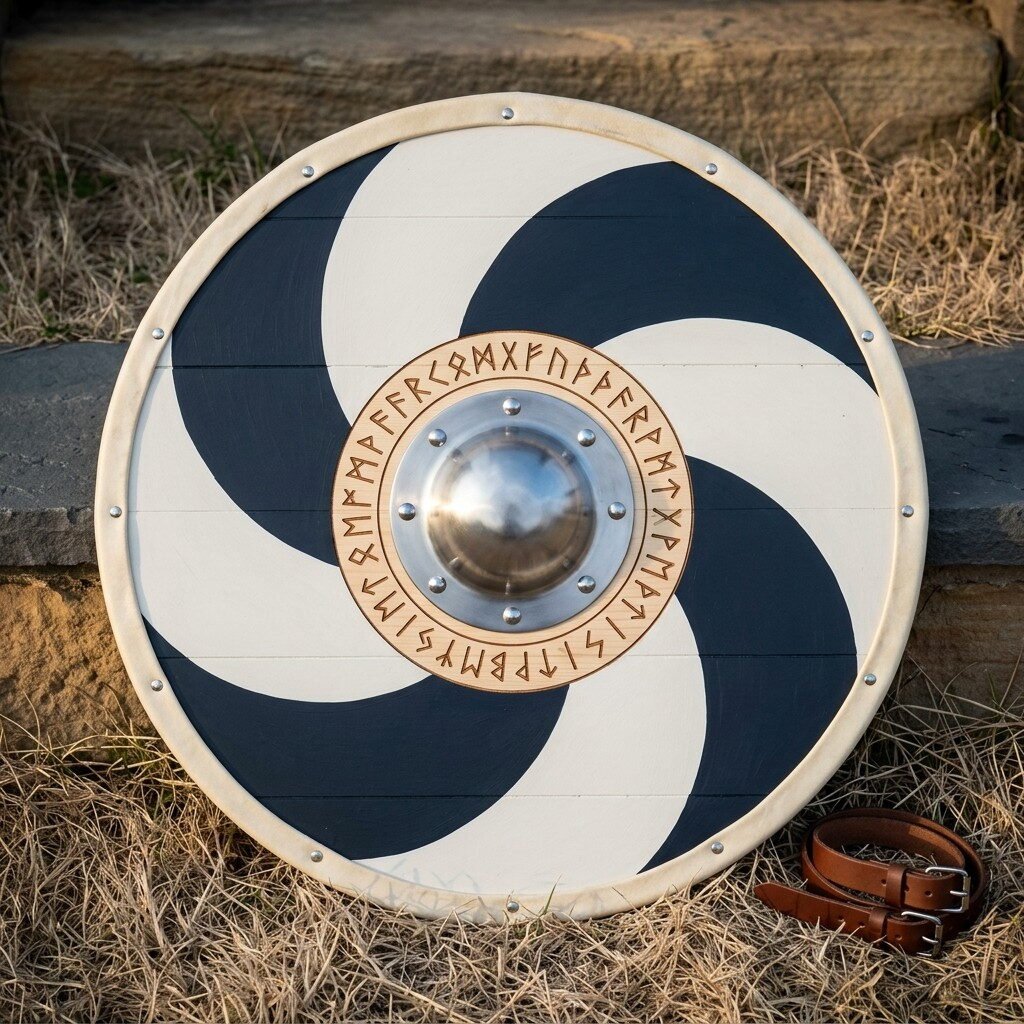Hand made Viking round shield with a navy and white pinwheel face, riveted rawhide rim, domed steel boss and an engraved Elder Futhark rune ring, leaning on stone.