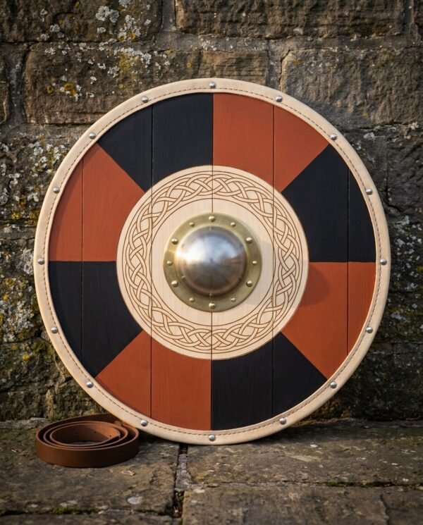 Hand made viking round shield with red and black painted quarters, a carved knotwork ring, domed brass boss and rawhide rim, leaning on a stone wall.