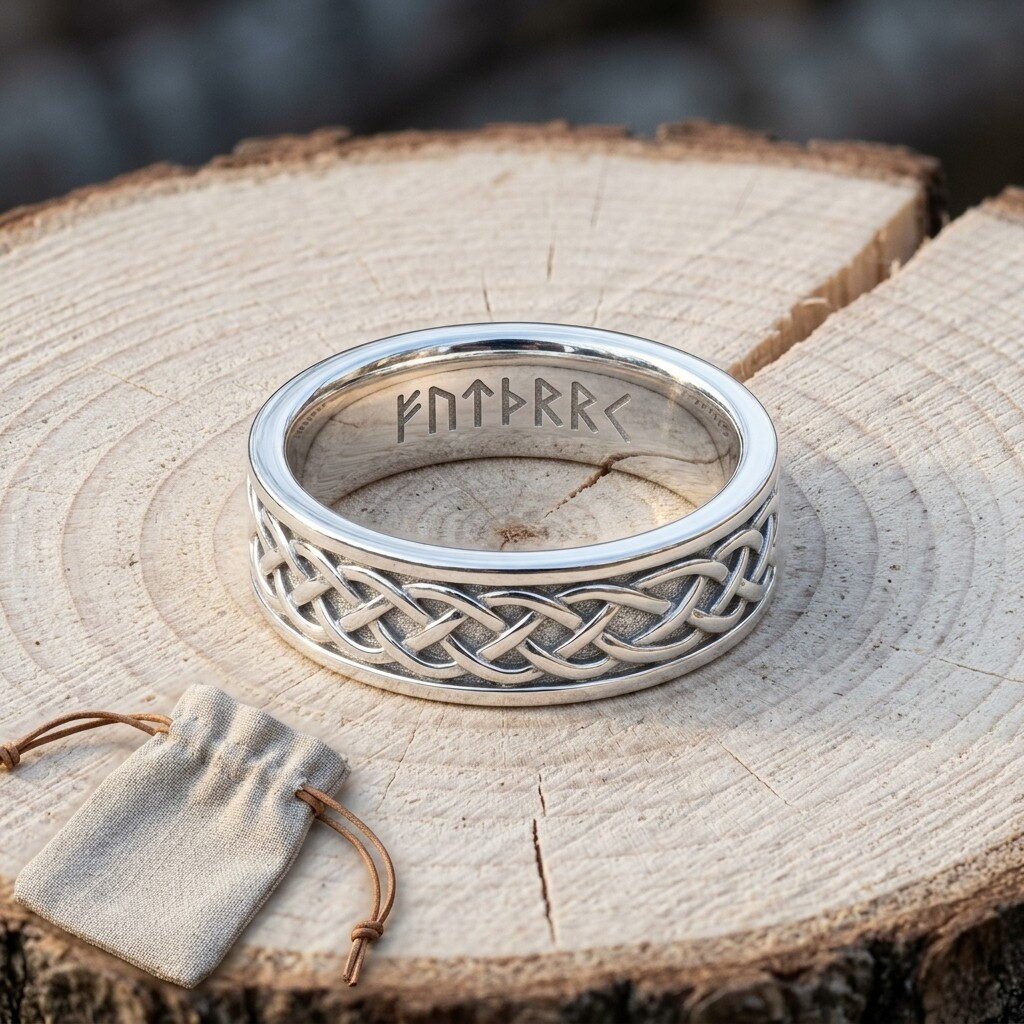 Hand made viking rune ring with a four strand Celtic knotwork band and Elder Futhark cut inside the shank, resting on a cut log beside a linen pouch