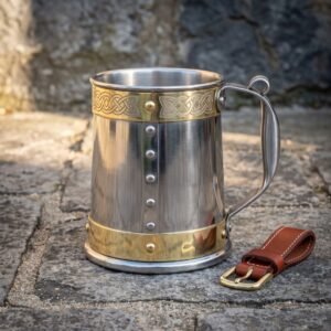 Hand made viking tankard in polished stainless steel and brass with engraved Celtic knotwork bands and domed rivets standing on a cobbled stone floor beside a brown leather belt hanger