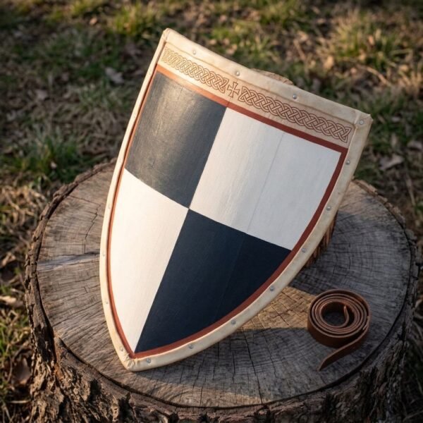 Hand made wooden heater shield quartered in navy and white with rawhide edge, angled on a tree stump beside its leather strap