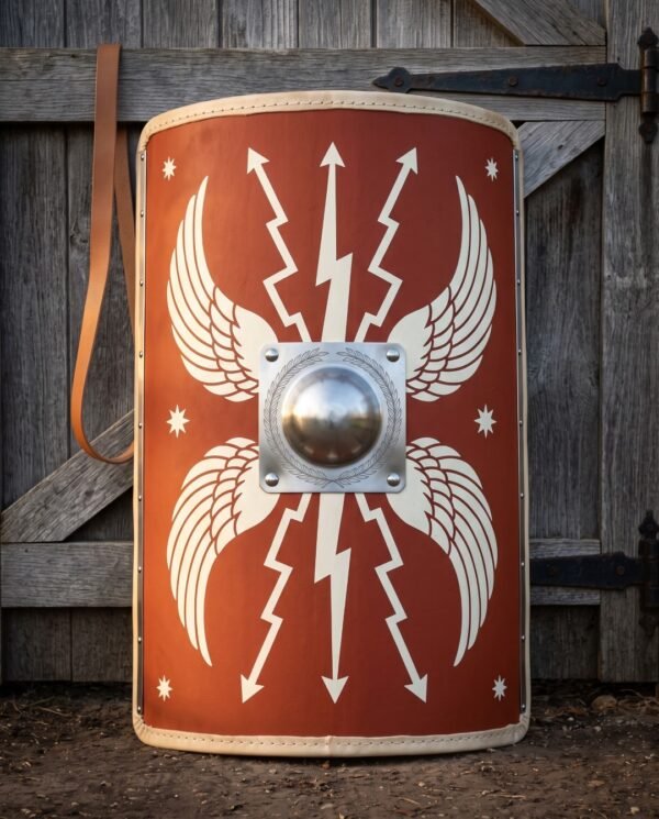 Hand painted roman shield in the curved legionary scutum pattern, red face with white wings and thunderbolts, steel dome boss and rawhide edging against a barn door