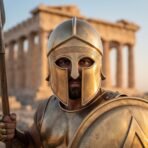 Hand raised brass Corinthian helmet worn by a man in bronze toned armour holding a spear before a ruined Greek temple