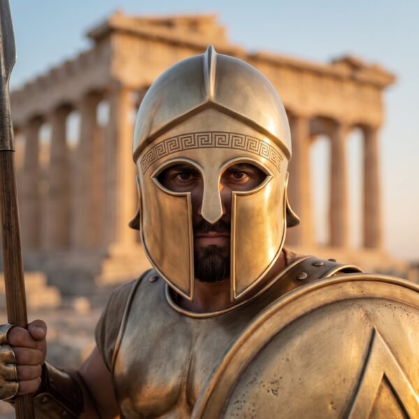 Hand raised brass Corinthian helmet worn by a man in bronze toned armour holding a spear before a ruined Greek temple