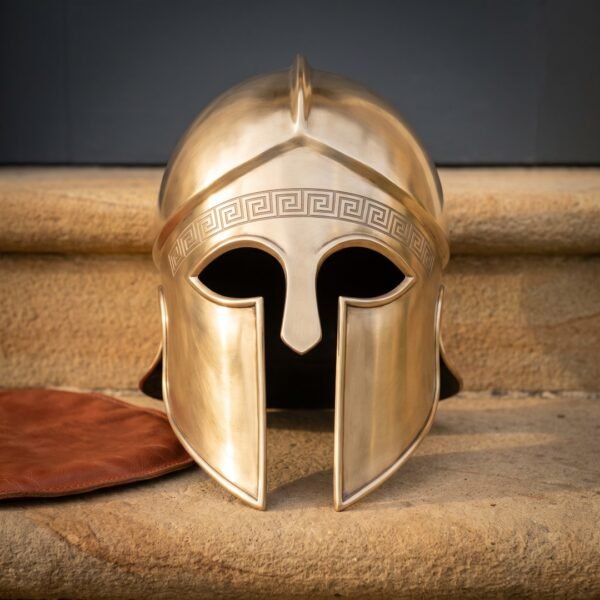 Hand raised brass Greek helmet of the Corinthian hoplite pattern with engraved meander brow band and crest ridge standing on warm sandstone steps
