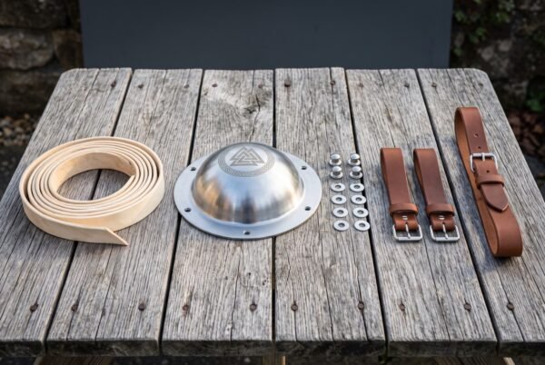 Rimbind Hand Forged Steel Viking Shield Boss and Fitting Kit with Valknut Engraving & Full Leather Strap Set | Shield Building Gift | RK-1532