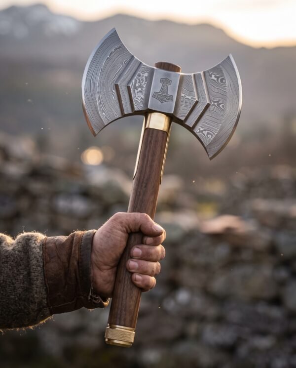 Hand raising a Damascus double headed axe with twin crescent bits and Mjolnir engraving against hazy mountains