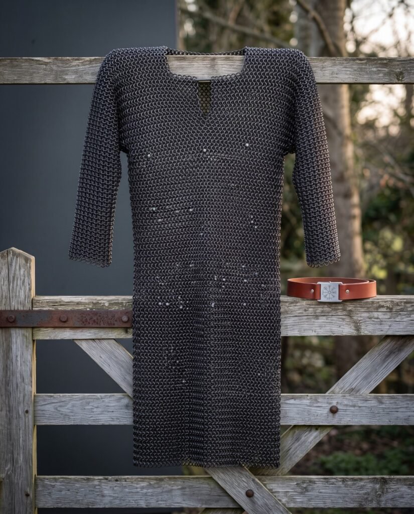 Hand woven chainmail hauberk in blackened mild steel with a four in one butted weave and keyhole neck, hanging on a weathered timber gate in winter light