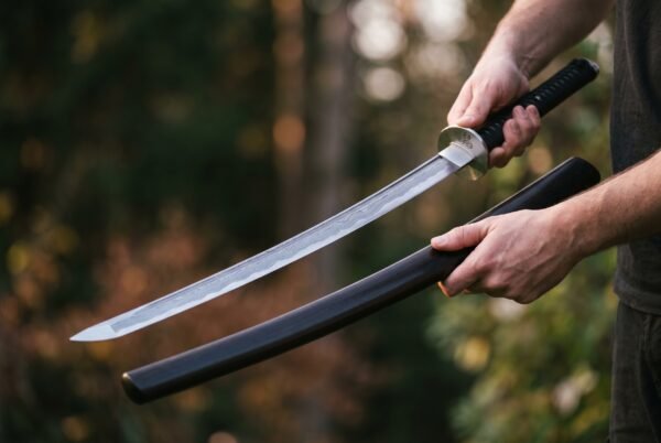 Hands drawing a Damascus katana with black cord handle from its dark wooden saya against autumn trees