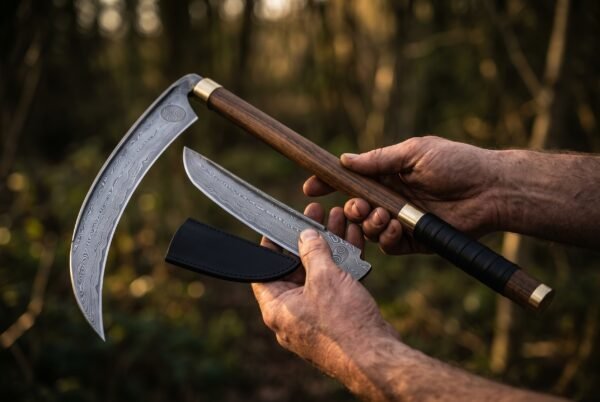 Hands holding a Damascus war scythe haft and a companion Damascus blade over a black leather sheath in a dark wood