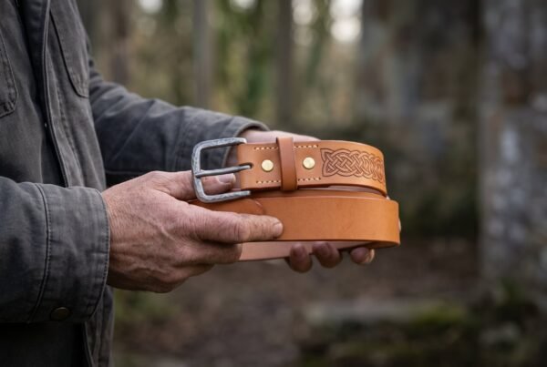 Hands holding a rolled tan leather belt with Celtic knotwork panel and antiqued metal buckle in the woods