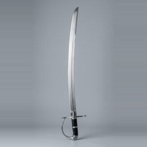 Hanger sabre trainer with a curved single edged blunt blade, D shaped knuckle bow and black leather grip laid against a plain studio backdrop