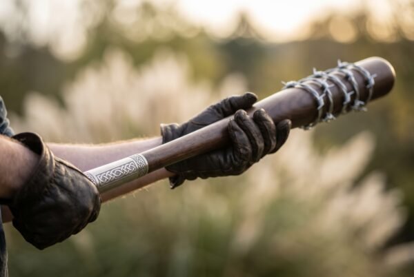 Hardwood baseball bat with barbed wire wrapped barrel and engraved collar held in gloved hands, pale grasses out of focus behind