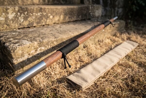Hardwood bo staff with steel cap and black cord wrap angled across dry grass at the foot of old stone steps, canvas bag alongside