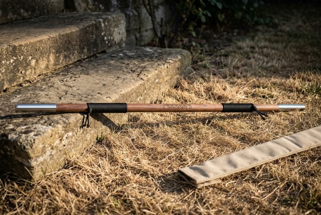 Hardwood bo staff with polished steel end caps, black cord grips and a burned knotwork band lying on dry grass beside stone steps and its canvas carry sleeve