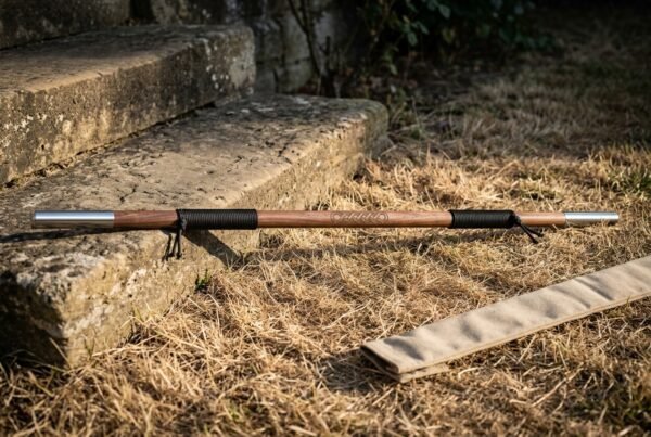 Hardwood bo staff with polished steel end caps, black cord grips and a burned knotwork band lying on dry grass beside stone steps and its canvas carry sleeve