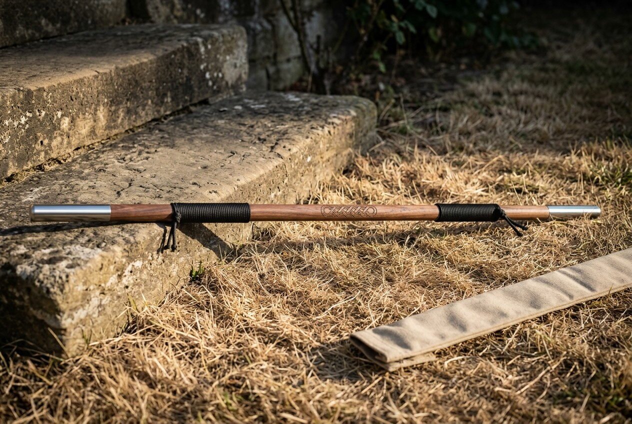 Hardwood bo staff with polished steel end caps, black cord grips and a burned knotwork band lying on dry grass beside st Hardwood bo staff with polished steel end caps, black cord grips and a burned knotwork band lying on dry grass beside stone steps and its canvas carry sleeve