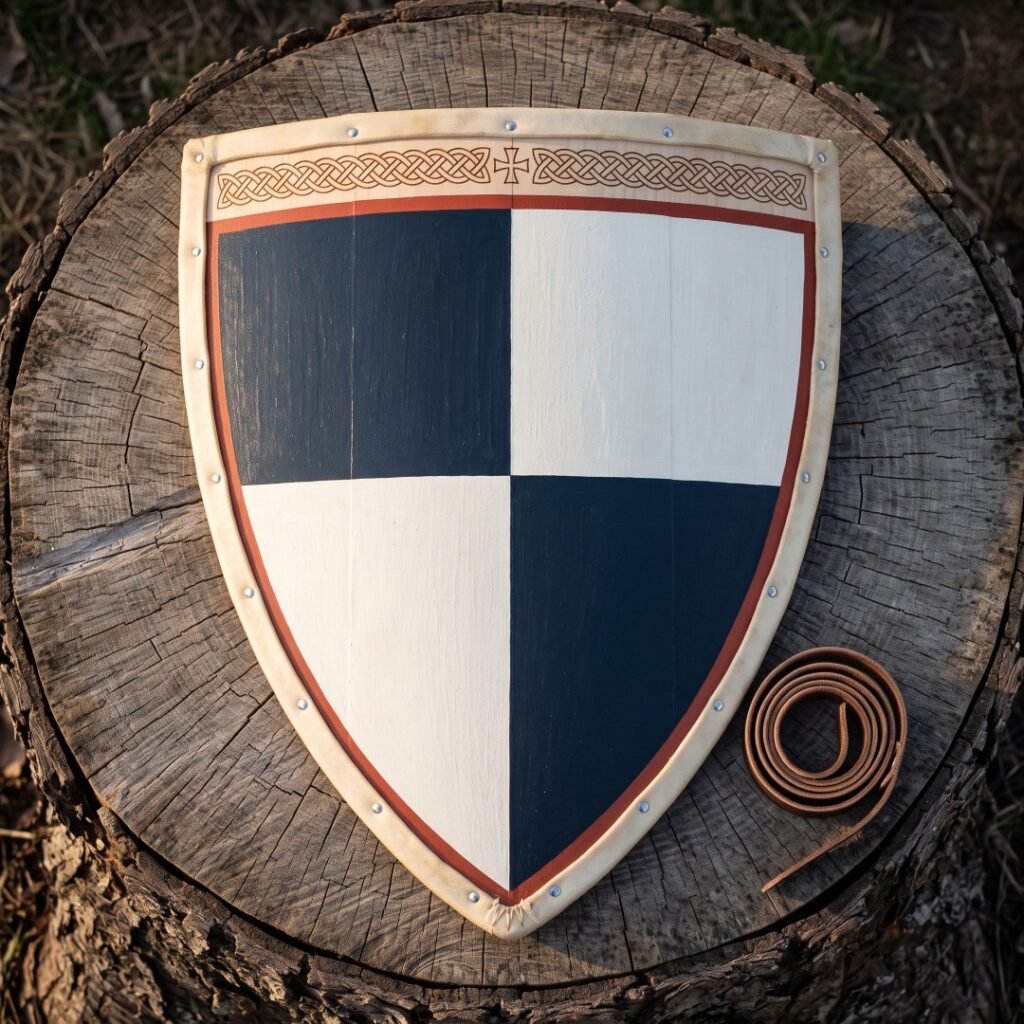 Heater shield in planked wood quartered navy blue and white with a red border and cut knotwork band, lying on a cut tree stump beside a coiled leather strap.