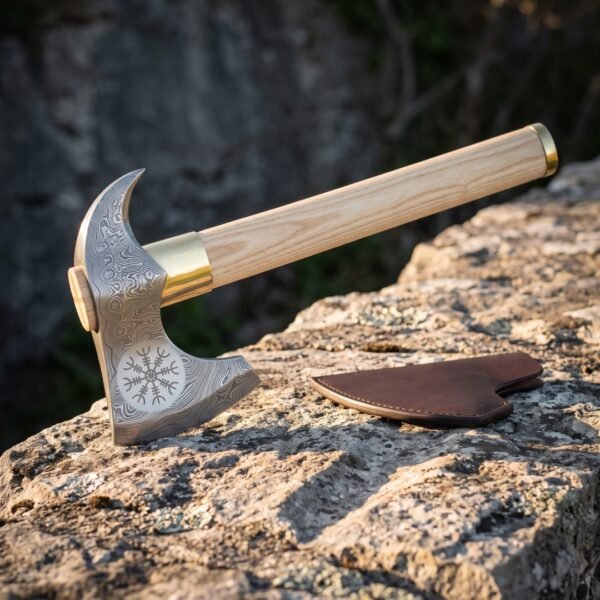 Helm of Awe bearded axe with a pattern welded Damascus head, bright polished eight armed stave, brass collar, pale ash haft and brown leather cover on a sunlit rock