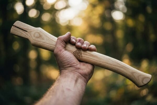 Hickory axe handle with a valknut engraving held in a hand against a sunlit forest, showing the slotted eye end