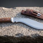High carbon kukri knife with rosewood handle, full length side view on a granite ledge before its leather sheath and small knives