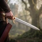 High carbon steel dagger with rune engraved blade and brass winged guard set with a red stone held beside its red scabbard