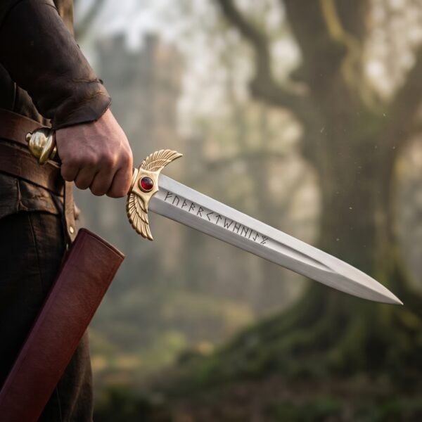 High carbon steel dagger with rune engraved blade and brass winged guard set with a red stone held beside its red scabbard