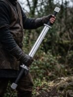 High carbon steel double ended sword with two black cord grips held across the body by a gloved figure in woodland